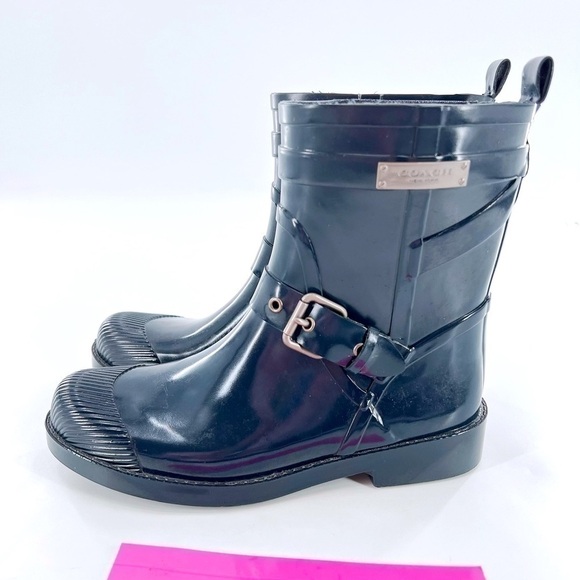Coach Lester Short Calf Navy Blue Rubber Wellies Rain Boots with Buckle size 6 B - Picture 6 of 13